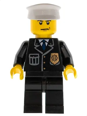 CTY0008:  Police - City Suit with Blue Tie and Badge, Black Legs, Scowl, White Hat