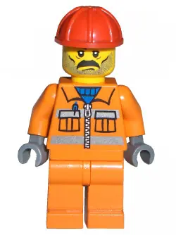 CTY0010:  Construction Worker - Orange Zipper, Safety Stripes, Orange Arms, Orange Legs, Red Construction Helmet, Moustache and Stubble