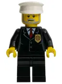Minifigurka: CTY0012:  Police - City Suit with Red Tie and Badge, Black Legs, White Hat