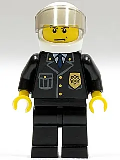CTY0013:  Police - City Suit with Blue Tie and Badge, Black Legs, White Helmet, Trans-Brown Visor, Scowl
