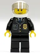 Minifigurka: CTY0013:  Police - City Suit with Blue Tie and Badge, Black Legs, White Helmet, Trans-Brown Visor, Scowl