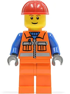 CTY0014:  Construction Worker - Orange Zipper, Safety Stripes, Blue Arms, Orange Legs, Red Construction Helmet