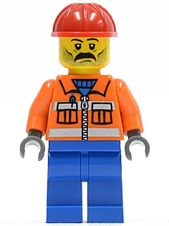 CTY0016:  Construction Worker - Orange Zipper, Safety Stripes, Orange Arms, Blue Legs, Red Construction Helmet, Stubble