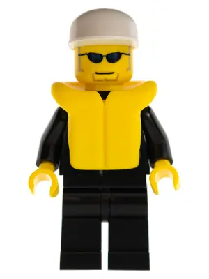 CTY0019:  Police - City Suit with Blue Tie and Badge, Black Legs, Sunglasses, White Cap, Life Jacket