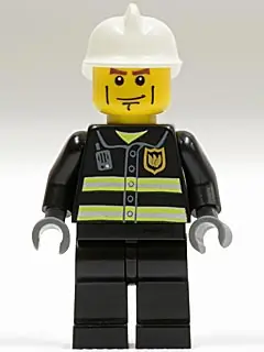 CTY0020:  Fire - Reflective Stripes, Black Legs, White Fire Helmet, Cheek Lines, Dark Bluish Gray Hands