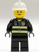 Minifigurka: CTY0023:  Fire - Reflective Stripes, Black Legs, White Fire Helmet, Brown Eyebrows, Thin Grin