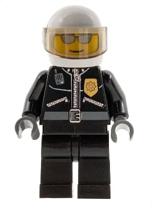 CTY0027:  Police - City Leather Jacket with Gold Badge, White Helmet, Trans-Brown Visor, Silver Sunglasses