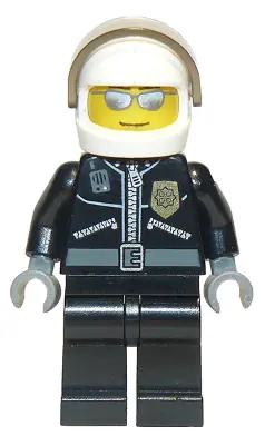 CTY0027A:  Police - City Leather Jacket with Gold Badge and 'POLICE' on Back, White Helmet, Trans-Brown Visor, Silver Sunglasses