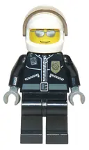 Minifigurka: CTY0027A:  Police - City Leather Jacket with Gold Badge and 'POLICE' on Back, White Helmet, Trans-Brown Visor, Silver Sunglasses