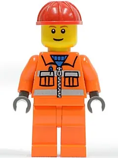 CTY0031:  Construction Worker - Orange Zipper, Safety Stripes, Orange Arms, Orange Legs, Red Construction Helmet, Brown Eyebrows, Thin Grin