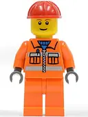 Minifigurka: CTY0031:  Construction Worker - Orange Zipper, Safety Stripes, Orange Arms, Orange Legs, Red Construction Helmet, Brown Eyebrows, Thin Grin