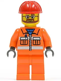 CTY0032:  Construction Worker - Orange Zipper, Safety Stripes, Orange Arms, Orange Legs, Red Construction Helmet, Beard and Glasses
