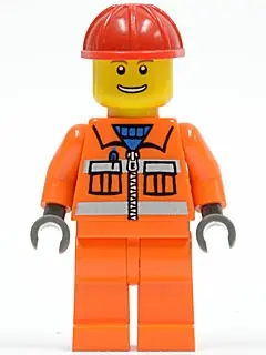 CTY0034:  Construction Worker - Orange Zipper, Safety Stripes, Orange Arms, Orange Legs, Red Construction Helmet, Eyebrows, Thin Grin with Teeth