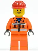 Minifigurka: CTY0034:  Construction Worker - Orange Zipper, Safety Stripes, Orange Arms, Orange Legs, Red Construction Helmet, Eyebrows, Thin Grin with Teeth