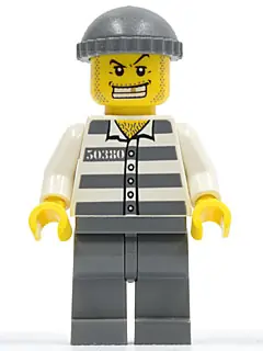 CTY0040:  Police - Jail Prisoner 50380 Prison Stripes, Dark Bluish Gray Legs, Dark Bluish Gray Knit Cap, Gold Tooth