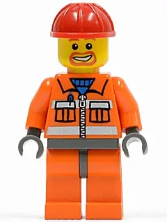 CTY0041:  Construction Worker - Orange Zipper, Safety Stripes, Orange Arms, Orange Legs, Dark Bluish Gray Hips, Red Construction Helmet