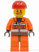 Minifigurka: CTY0041:  Construction Worker - Orange Zipper, Safety Stripes, Orange Arms, Orange Legs, Dark Bluish Gray Hips, Red Construction Helmet