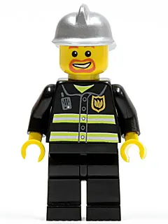 CTY0045:  Fire - Reflective Stripes, Black Legs, Silver Fire Helmet, Beard Around Mouth