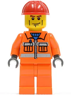 CTY0052:  Construction Worker - Orange Zipper, Safety Stripes, Orange Arms, Orange Legs, Red Construction Helmet