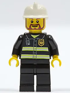 CTY0055:  Fire - Reflective Stripes, Black Legs, White Fire Helmet, Brown Beard Rounded