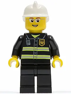 CTY0056:  Fire - Reflective Stripes, Black Legs, White Fire Helmet, Glasses, Open Mouth Smile