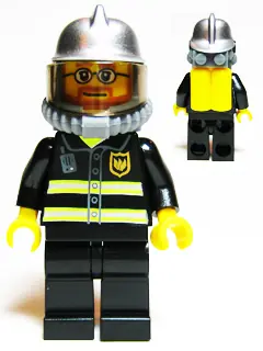 CTY0057:  Fire - Reflective Stripes, Black Legs, Silver Fire Helmet, Beard and Glasses, Yellow Air Tanks