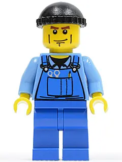 CTY0076:  Overalls with Tools in Pocket Blue, Black Knit Cap, Cheek Lines