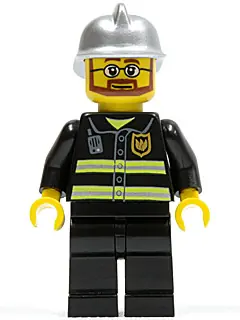 CTY0087:  Fire - Reflective Stripes, Black Legs, Silver Fire Helmet, Beard and Glasses (Hovercraft Pilot)