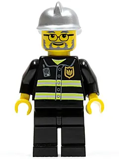 CTY0088:  Fire - Reflective Stripes, Black Legs, Silver Fire Helmet, Glasses and Beard