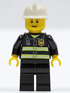 CTY0090:  Fire - Reflective Stripes, Black Legs, White Fire Helmet, Thin Grin, Yellow Hands (Undetermined Eyebrows)