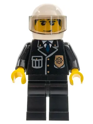 CTY0092:  Police - City Suit with Blue Tie and Badge, Black Legs, White Helmet, Trans-Brown Visor, Smile