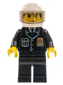 Minifigurka: CTY0092:  Police - City Suit with Blue Tie and Badge, Black Legs, White Helmet, Trans-Brown Visor, Smile