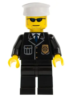 CTY0094:  Police - City Suit with Blue Tie and Badge, Black Legs, Sunglasses, White Hat