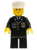 Minifigurka: CTY0095:  Police - City Suit with Blue Tie and Badge, Black Legs, Vertical Cheek Lines, Brown Eyebrows, White Hat