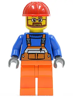 CTY0096:  Overalls with Safety Stripe Orange, Orange Legs, Red Construction Helmet, Beard and Glasses