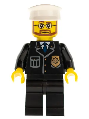 CTY0097:  Police - City Suit with Blue Tie and Badge, Black Legs, White Hat, Beard and Glasses