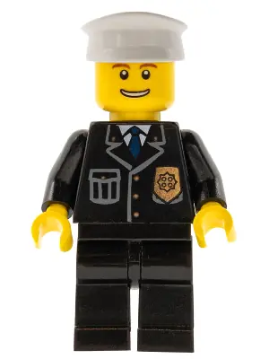 CTY0098:  Police - City Suit with Blue Tie and Badge, Black Legs, Thin Grin with Teeth, White Hat