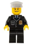 Minifigurka: CTY0098:  Police - City Suit with Blue Tie and Badge, Black Legs, Thin Grin with Teeth, White Hat