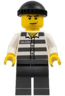 Minifigurka: CTY0100:  Police - Jail Prisoner 50380 Prison Stripes, Dark Bluish Gray Legs, Black Knit Cap, Angry Eyebrows and Scowl