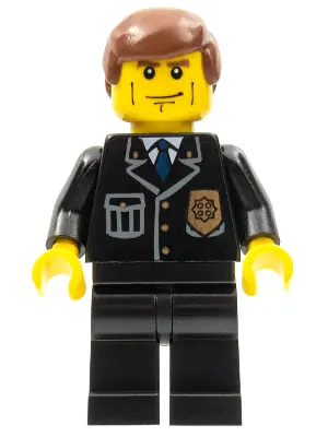 CTY0101:  Police - City Suit with Blue Tie and Badge, Black Legs, Vertical Cheek Lines, Reddish Brown Hair