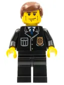 Minifigurka: CTY0101:  Police - City Suit with Blue Tie and Badge, Black Legs, Vertical Cheek Lines, Reddish Brown Hair