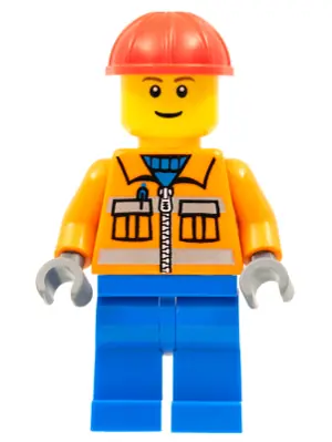 CTY0105:  Construction Worker - Orange Zipper, Safety Stripes, Orange Arms, Blue Legs, Red Construction Helmet