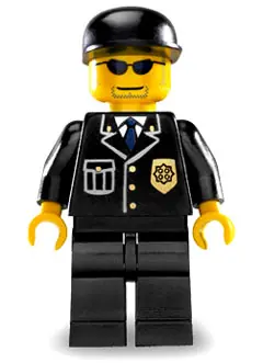 CTY0106:  Police - City Suit with Blue Tie and Badge, Black Legs, Sunglasses, Black Cap