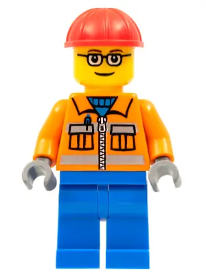 CTY0110:  Construction Worker - Orange Zipper, Safety Stripes, Orange Arms, Blue Legs, Red Construction Helmet, Brown Eyebrows, Glasses