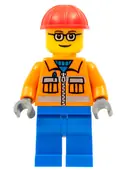 Minifigurka: CTY0110:  Construction Worker - Orange Zipper, Safety Stripes, Orange Arms, Blue Legs, Red Construction Helmet, Brown Eyebrows, Glasses