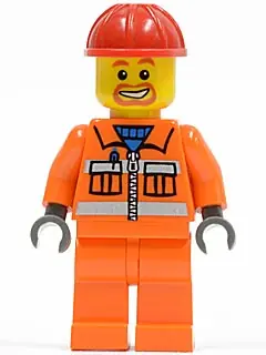 CTY0111:  Construction Worker - Orange Zipper, Safety Stripes, Orange Arms, Orange Legs, Red Construction Helmet, Beard Around Mouth