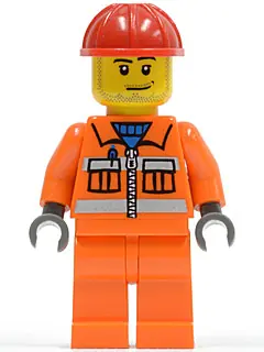 CTY0113:  Construction Worker - Orange Zipper, Safety Stripes, Orange Arms, Orange Legs, Red Construction Helmet, Smirk and Stubble Beard