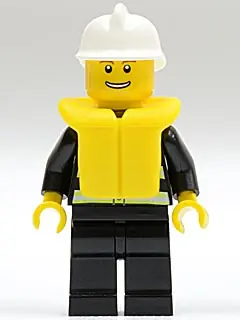 CTY0116B:  Fire - Reflective Stripes, Black Legs, White Fire Helmet, Thin Grin with Teeth, Life Jacket