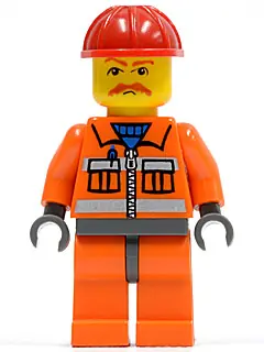 CTY0124:  Construction Worker - Orange Zipper, Safety Stripes, Orange Arms, Orange Legs, Dark Bluish Gray Hips, Red Construction Helmet, Brown Moustache