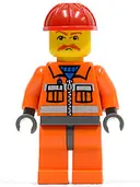 Minifigurka: CTY0124:  Construction Worker - Orange Zipper, Safety Stripes, Orange Arms, Orange Legs, Dark Bluish Gray Hips, Red Construction Helmet, Brown Moustache